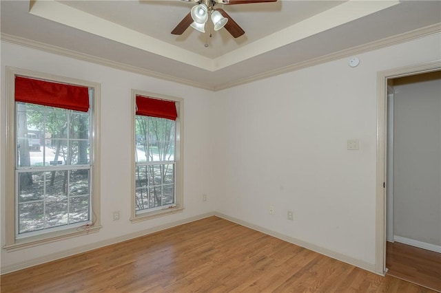 705 Summerglen Dr, College Station, TX 77840 - empty room with a raised ceiling, plenty of natural light, a ceiling fan, light wood-type flooring, and crown molding