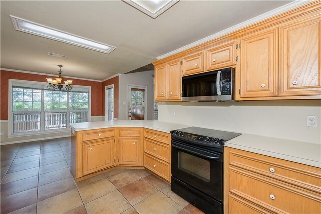 705 Summerglen Dr, College Station, TX 77840 - kitchen featuring stainless steel microwave, black / electric stove, a peninsula, light countertops, and a chandelier