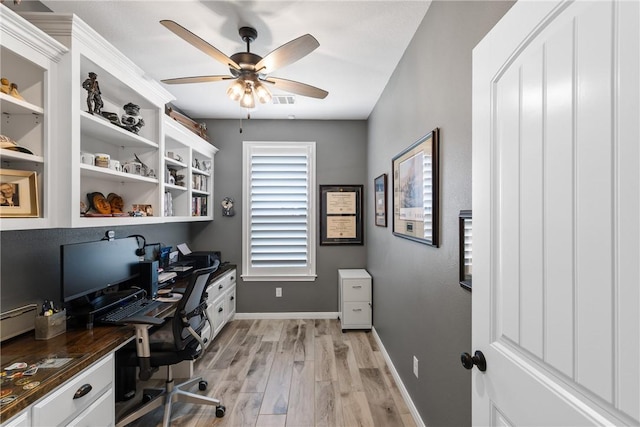 office with ceiling fan and light hardwood / wood-style floors