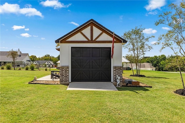 view of outbuilding featuring a lawn