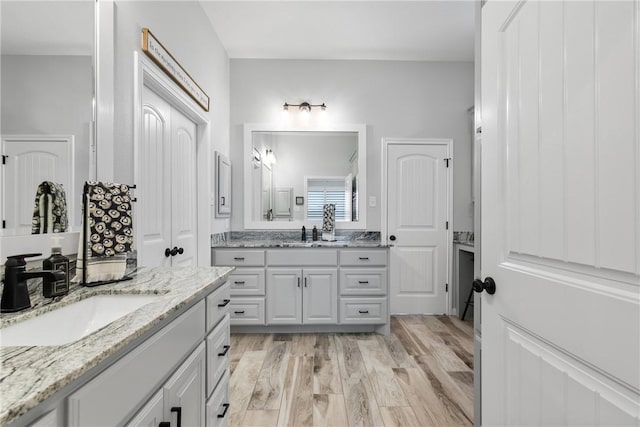 bathroom with hardwood / wood-style floors and vanity