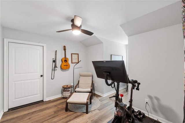 workout area featuring ceiling fan and hardwood / wood-style floors