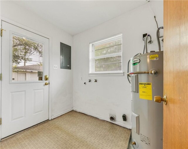 interior space with light floors, electric water heater, baseboards, and electric panel
