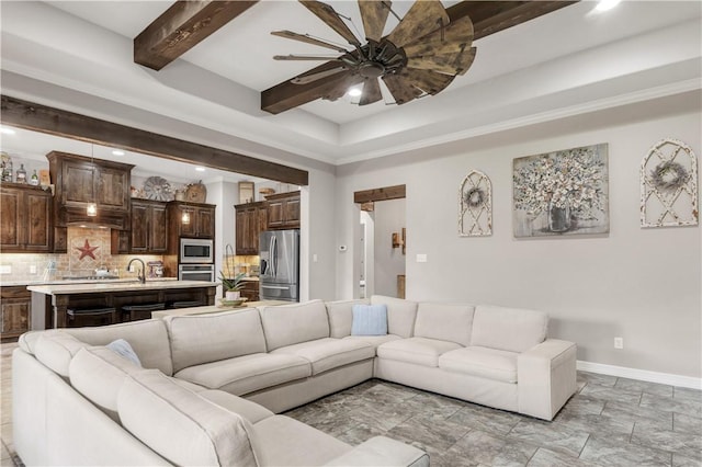 4004 Wild Creek Ct, College Station, TX 77845 - living area featuring ceiling fan, beamed ceiling, and recessed lighting