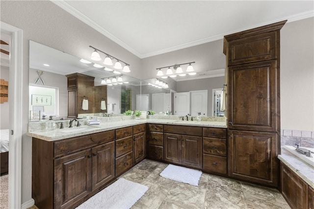 4004 Wild Creek Ct, College Station, TX 77845 - full bath with ornamental molding, double vanity, and a tub