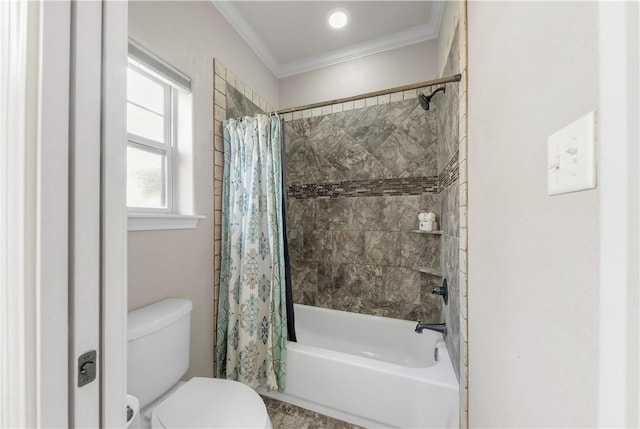 4004 Wild Creek Ct, College Station, TX 77845 - bathroom featuring shower / bath combination with curtain and crown molding