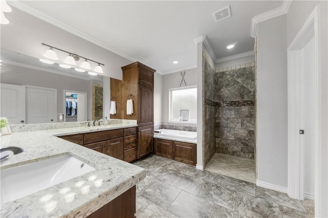 4004 Wild Creek Ct, College Station, TX 77845 - full bathroom with double vanity, a walk in shower, ornamental molding, a garden tub, and marble finish flooring