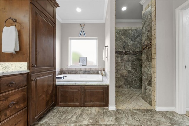 4004 Wild Creek Ct, College Station, TX 77845 - bathroom featuring walk in shower, a garden tub, and crown molding