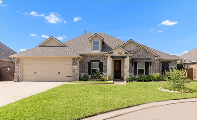 4004 Wild Creek Ct, College Station, TX 77845 - craftsman-style home with a front yard, a garage, concrete driveway, brick siding, and roof with shingles