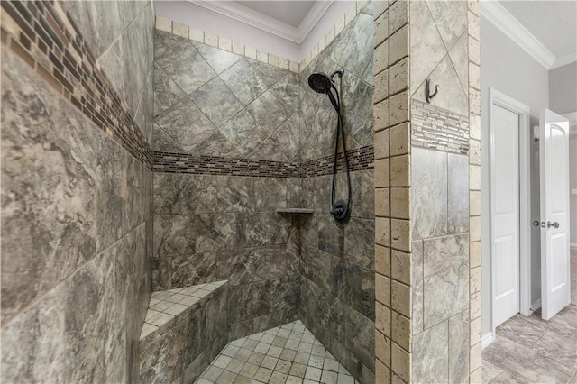 4004 Wild Creek Ct, College Station, TX 77845 - bathroom with crown molding and tiled shower