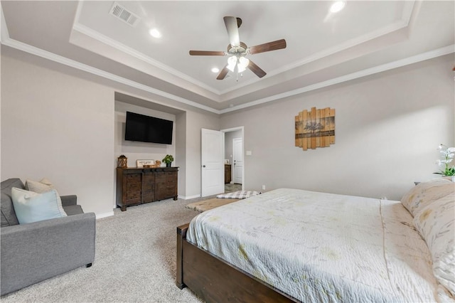 4004 Wild Creek Ct, College Station, TX 77845 - bedroom featuring a raised ceiling, carpet floors, ornamental molding, recessed lighting, and a ceiling fan