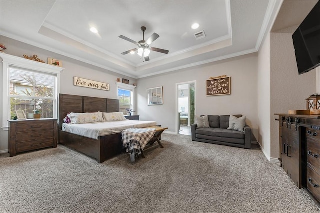 4004 Wild Creek Ct, College Station, TX 77845 - carpeted bedroom with a raised ceiling, crown molding, and a ceiling fan