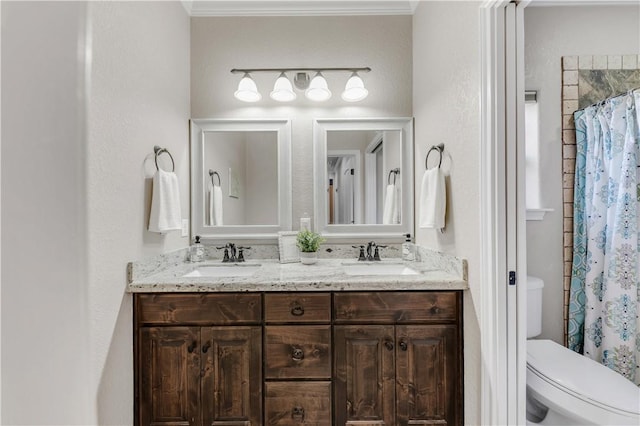 4004 Wild Creek Ct, College Station, TX 77845 - full bath with double vanity, ornamental molding, and a shower with shower curtain