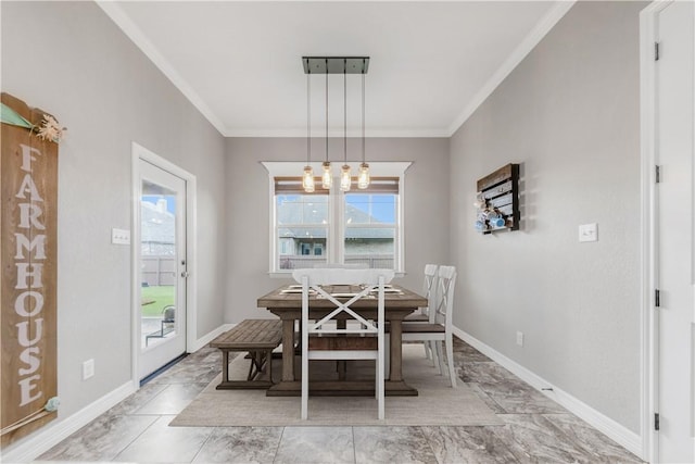 4004 Wild Creek Ct, College Station, TX 77845 - dining area featuring light marble finish flooring, ornamental molding, and a chandelier