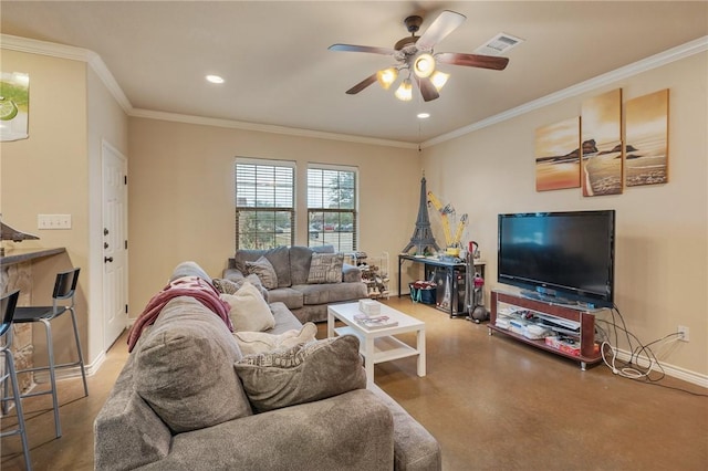 living room featuring ceiling fan, ornamental molding, and concrete floors