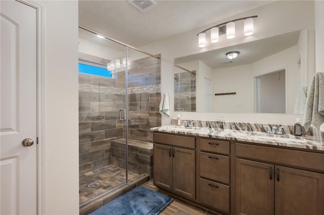 bathroom featuring vanity and a shower with door