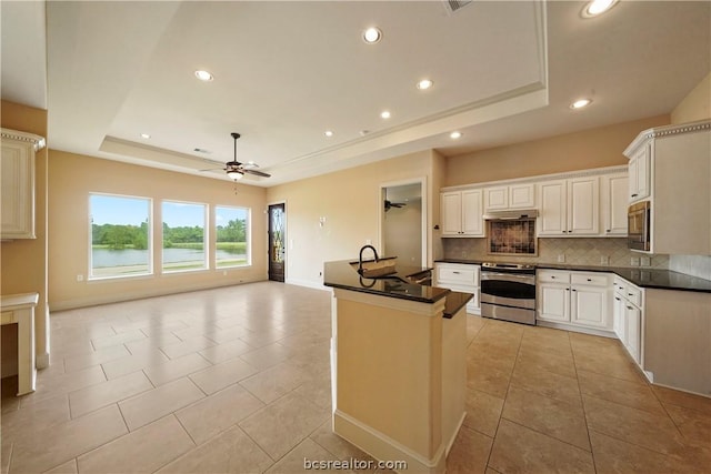 kitchen with a tray ceiling, decorative backsplash, white cabinetry, and stainless steel appliances