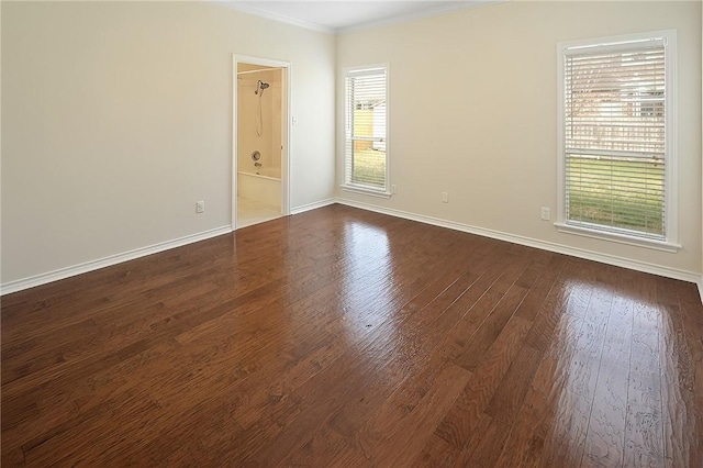 spare room with dark wood-type flooring and ornamental molding