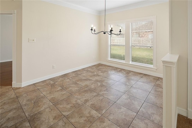 unfurnished dining area featuring crown molding, a chandelier, and light tile patterned floors