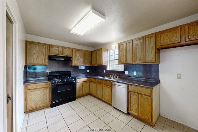 kitchen with black gas range, decorative backsplash, light tile patterned floors, and stainless steel dishwasher