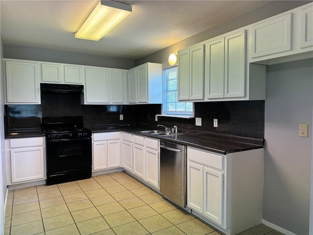 kitchen featuring black gas range, white cabinetry, stainless steel dishwasher, ventilation hood, and decorative backsplash