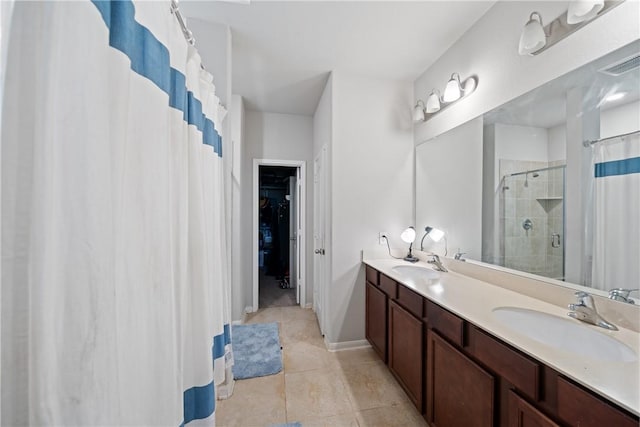 24107 Noble Darcy Ln, Katy, TX 77493 - full bath featuring a shower with shower curtain, tile patterned flooring, and double vanity