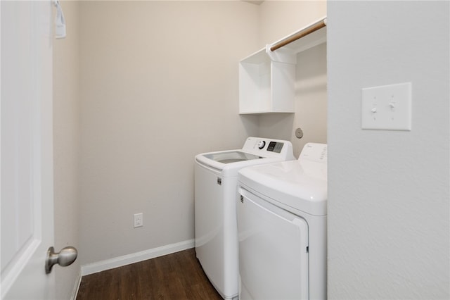 996 Marquis Dr, Bryan, TX 77803 - laundry area featuring washing machine and dryer, dark wood-style flooring, and baseboards