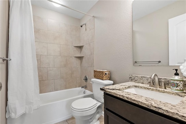 full bathroom with shower / bath combination with curtain, vanity, toilet, and tile patterned floors