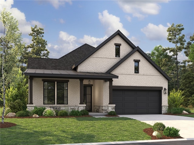 view of front of property featuring a garage, a porch, and a front lawn