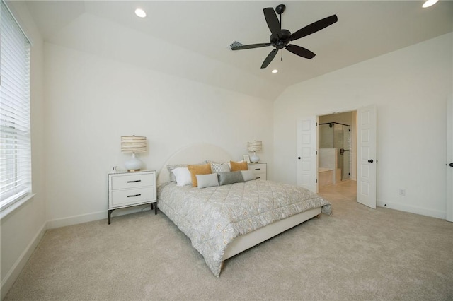 bedroom featuring recessed lighting, light colored carpet, and vaulted ceiling
