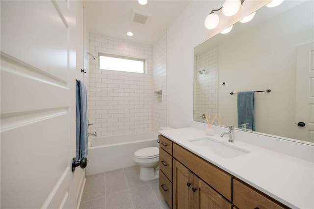 bathroom featuring tile patterned flooring, toilet, shower / bath combination, vanity, and visible vents