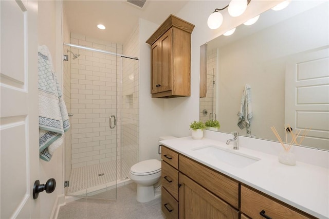 bathroom featuring recessed lighting, a shower stall, vanity, toilet, and visible vents