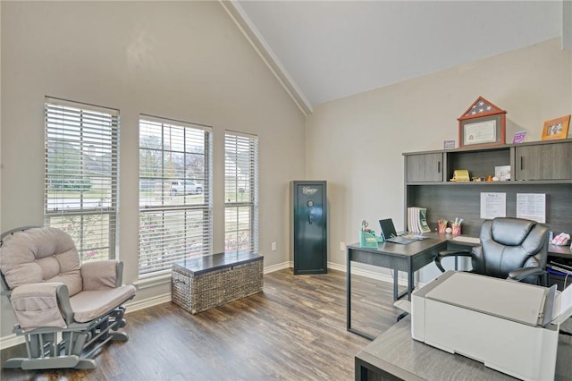 office area featuring high vaulted ceiling, baseboards, wood finished floors, and plenty of natural light