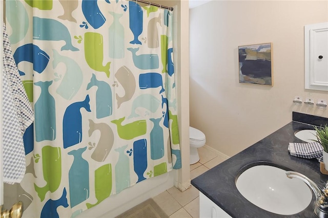 full bathroom featuring toilet, vanity, shower / bath combination with curtain, and tile patterned floors