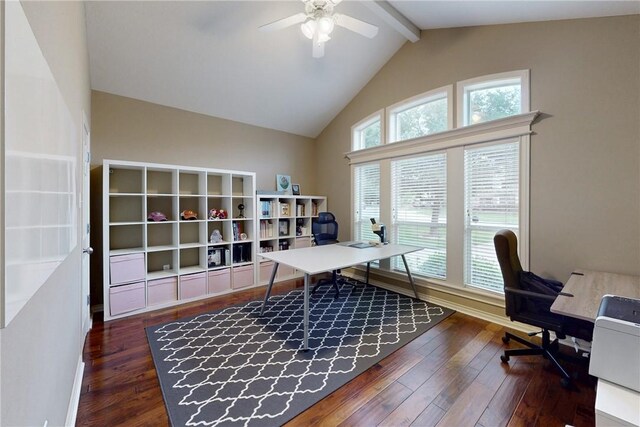 office space with a ceiling fan, dark wood-style flooring, beamed ceiling, baseboards, and high vaulted ceiling