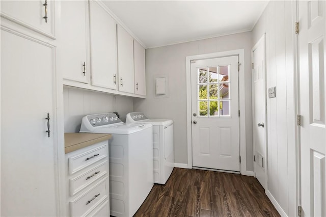 3614 Oak Ridge Dr, Bryan, TX 77802 - laundry room featuring cabinet space, washer and dryer, dark wood-style floors, and crown molding