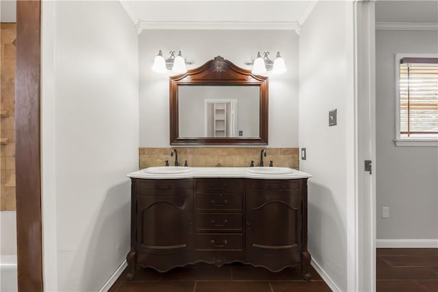 3614 Oak Ridge Dr, Bryan, TX 77802 - full bathroom with ornamental molding, double vanity, tile patterned floors, and a tub