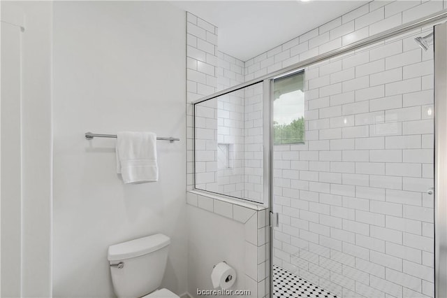 bathroom featuring toilet and a shower with door