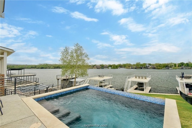 view of pool with a boat dock and a water view