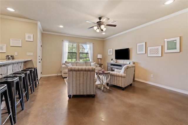 3015 Towers Pkwy, College Station, TX 77845 - living room featuring concrete floors, ceiling fan, recessed lighting, and ornamental molding
