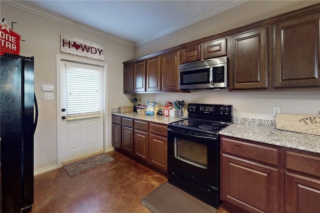 kitchen featuring black appliances, dark brown cabinets, and ornamental molding