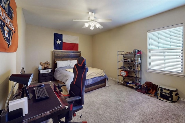 carpeted bedroom with ceiling fan