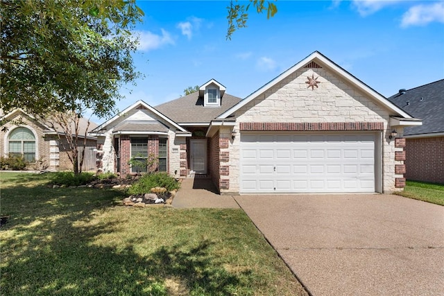 view of front of property with a garage and a front lawn