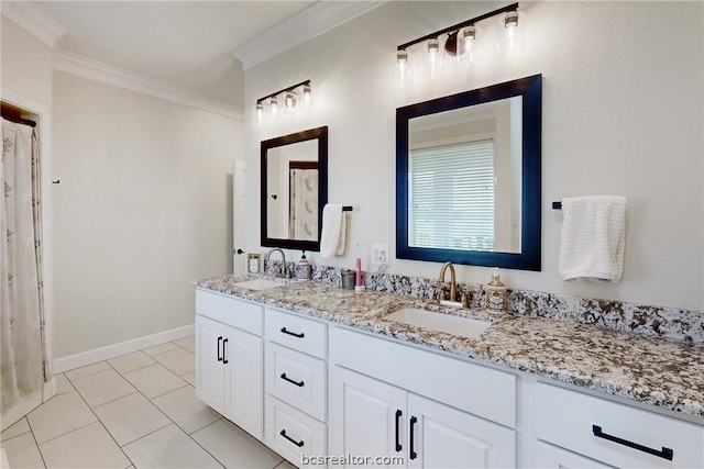 bathroom featuring tile patterned flooring, vanity, and ornamental molding