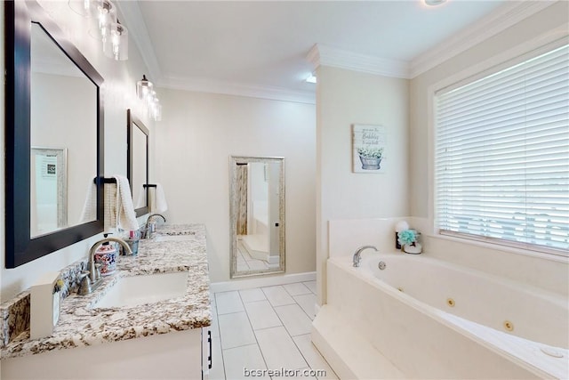 bathroom with vanity, separate shower and tub, plenty of natural light, and crown molding