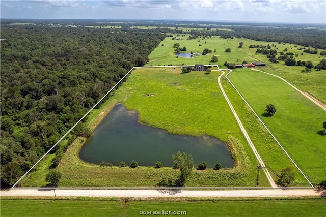 bird's eye view with a water view and a rural view