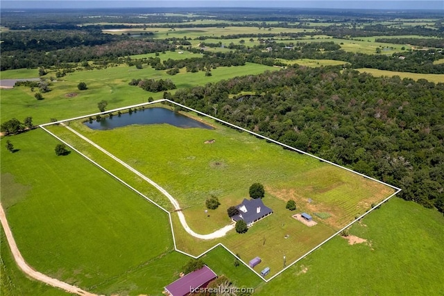 bird's eye view with a rural view and a water view