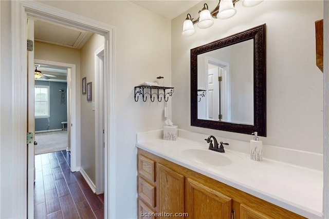 bathroom with vanity and ceiling fan