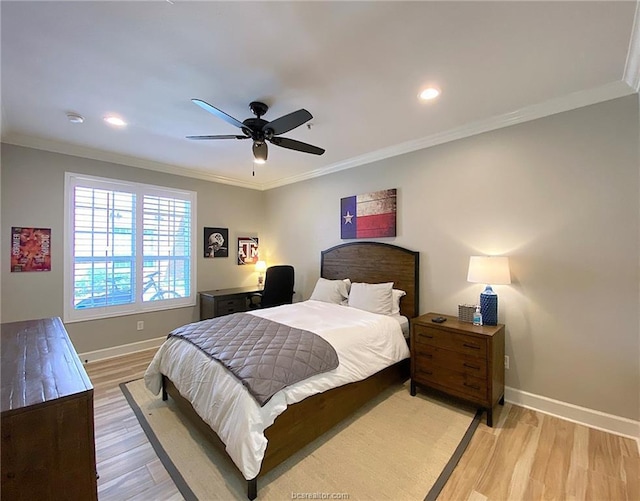 801 Luther St W Unit 1407, College Station, TX 77840 - bedroom featuring ornamental molding, baseboards, light wood-type flooring, a ceiling fan, and recessed lighting