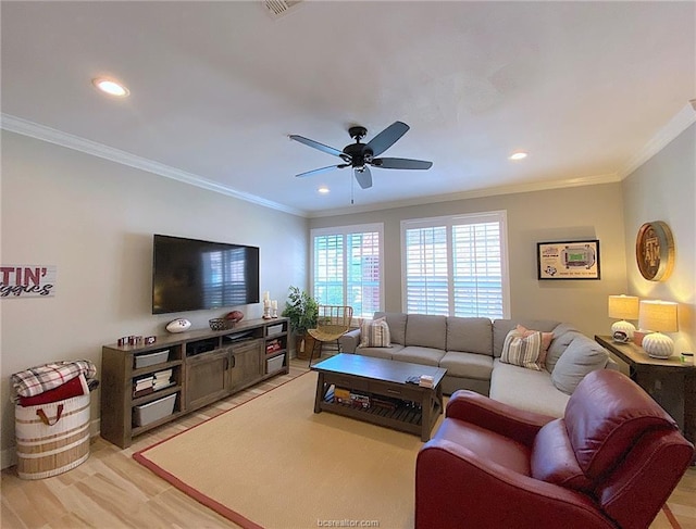 801 Luther St W Unit 1407, College Station, TX 77840 - living area featuring a ceiling fan, crown molding, and recessed lighting